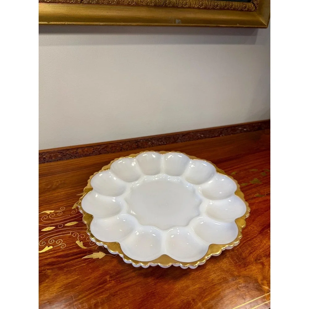 Vintage Milk Glass‎ Deviled Egg Platter • Scalloped Gold Trim Serving Tray